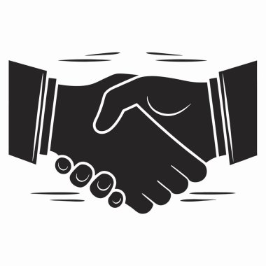 Siyah ve beyaz bir siluet, iki eli sıkıca titretirken tasvir eder, ince hareket çizgileri başarılı bir anlaşma önerir..