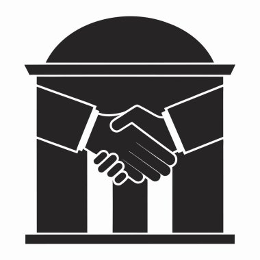 Modaya uygun bir binanın önünde el sıkışmayı tasvir eden siyah beyaz bir ikon, yasal veya finansal bir anlaşma öneriyor..