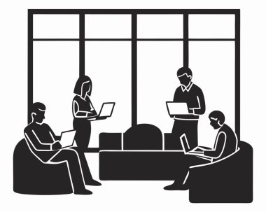 Geniş pencereli konforlu bir salondaki dizüstü bilgisayarlarda çalışan insanların siluetleri, işbirlikçi ve modern çalışma alanını gösteriyor.