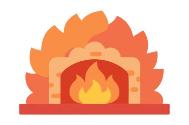 Kırmızı tabanlı ve kemerli, turuncu ve sarı alevlerle dolu bir şömine tasviri..