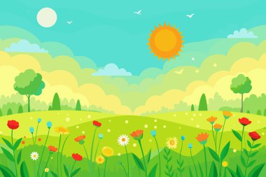 Pofuduk bulutlu, güneşli bir gökyüzünün altında renkli çiçeklerle süslenmiş yuvarlanan yeşil tepeleri tasvir eden canlı bir çizgi film..