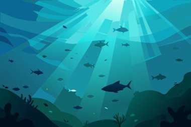 Güneş ışınları derin mavi okyanusu delip geçer, mercan oluşumları ile deniz tabanında yüzen siluetli balıkları aydınlatır..