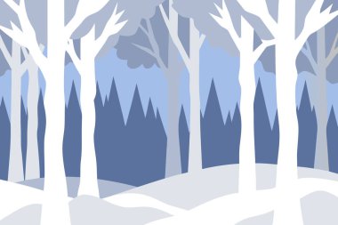 Tarzlı bir kış ormanı sahnesi, arka planda mavi ve gri ağaçlar ve ön planda kar sürükleniyor..