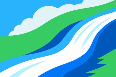 Yuvarlanan yeşil tepeler, biçimlendirilmiş bulutlarla parlak mavi bir gökyüzü ve akan mavi ve beyaz bir nehirden oluşan soyut bir manzara..