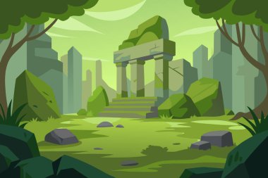 Sütunları ve basamakları olan antik taş kalıntıları yosunlarla kaplı ve doğal bir ormanda yemyeşil ağaçlar ve kayalarla çevrili..