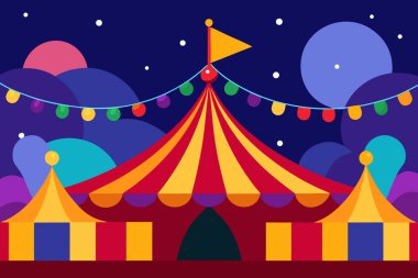 İki küçük yan çadırı olan klasik kırmızı ve sarı çizgili sirk çadırı koyu, soyut bir gece gökyüzüne karşı renkli çelenk ışıklarıyla aydınlatılır..