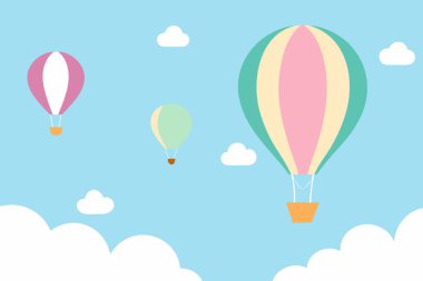 Pembe, yeşil, sarı ve mavi tonlarda birkaç renkli sıcak hava balonu beyaz tüylü bulutlarla benekli parlak mavi bir gökyüzünde süzülür..