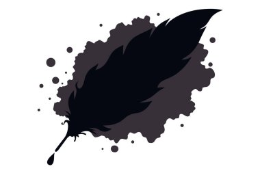 Siyah arka planda desenli mürekkep sıçrama efekti olan koyu renk bir tüy silueti. Yazdırma ve dijital ortam için uygun ölçeklenebilir vektör biçimi.