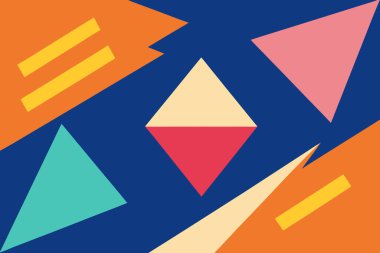 Renkli geometrik şekillerin eski tarz dinamik düzenini içeren canlı bir soyut arkaplan.