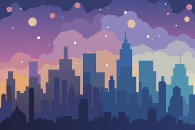 Bulutlarla, aylarla ve yıldızlarla dolu renkli bir gece gökyüzüne karşı binalarla biçimlendirilmiş şehir manzarası silueti..