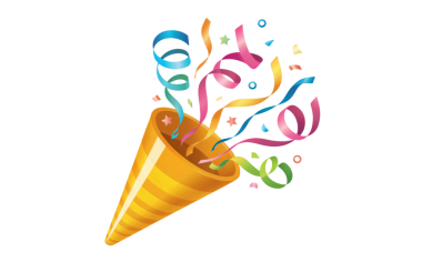 Renkli bir konfeti ve flama patlaması ile siyah bir fonda sarı bir parti patlaması..