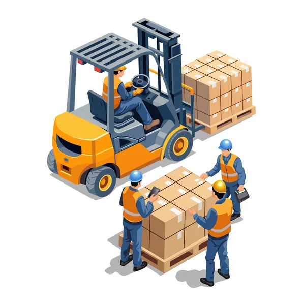 Forklift ve kutuları istifleyen işçilerin farklı bir çizimi.