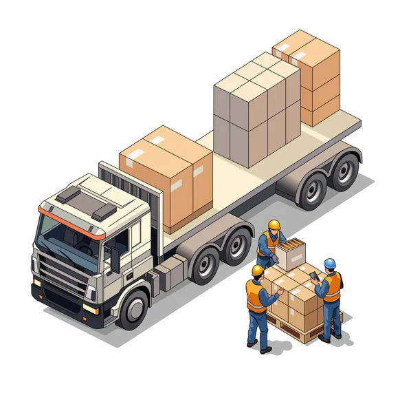 Kutularla ve işçilerle dolu bir kargo kamyonu çizimi