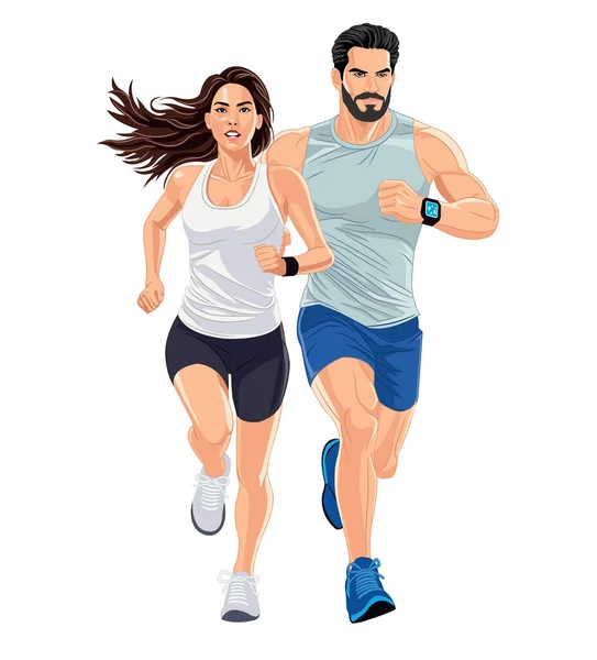 Beyaz arka planda birlikte koşan genç çift.