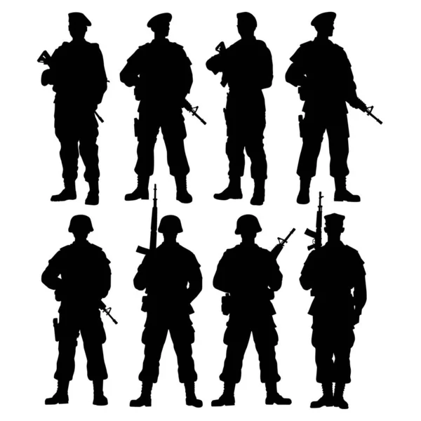 Çeşitli pozlardaki askerlerin siluetleri beyaz üzerine izole edilmiş.
