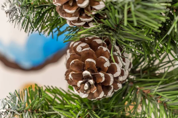 closeup of pine cone on christmas tree