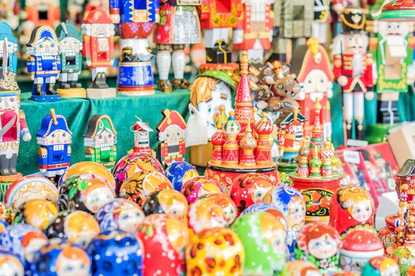closeup of wooden souvenirs for sale in market place in Moscow