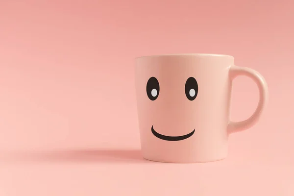 Pink cup on pink background. Smiling face on a mug. Minimal creative concept.