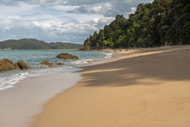 Abel Tasman Ulusal Parkı, Yeni Zelanda 'daki altın kumsal manzarası. Bulutlu bir gökyüzünün altında kayalık çıkıntılar ve yeşil ormanlar var..