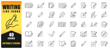 Satır Simgesi Seti Yazma Kalemleri, Belgeler, Notlar ve Yaratıcı Yazma Sembolleri. Eğitim, blog yazma, yayıncılık ve düzenlenebilir vuruş stili ile dijital içerik için mükemmel. İzole Vektör Simgeleri.