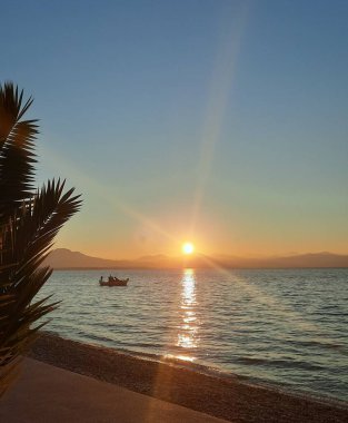 Güneş ışığı ve palmiye dallarıyla altın günbatımında sakin denizde yelken açan küçük balıkçı teknesi..