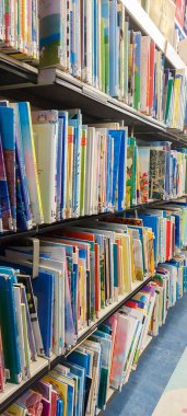 Çocuk kütüphanesi dolu raflar.