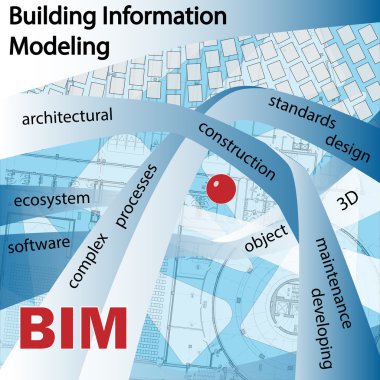 BİM bilgi modelleme inşa ediyor. Nesneler ve simgeler mavi bir arka plan üzerinde.