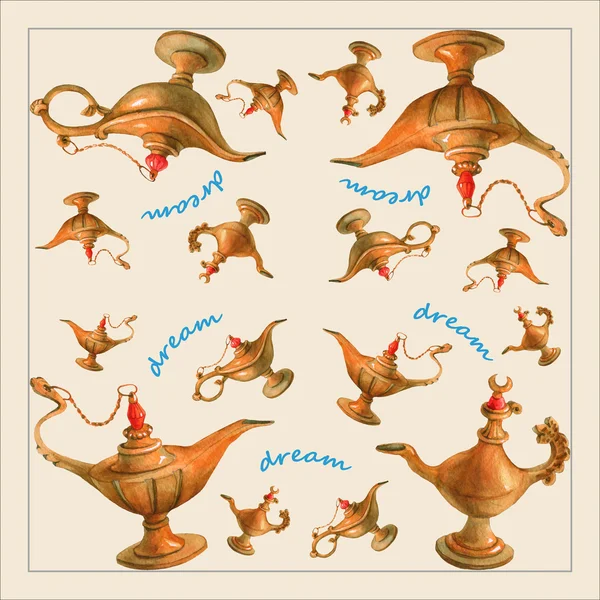 Mão ilustração aquarela da lâmpada génio mágico de Aladdin das noites árabes. Fundo amarelo pálido, design 2 . — Fotografia de Stock