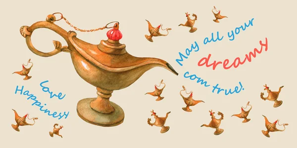 Hand aquarel illustratie van magische Aladdin's genie lamp. Bleke gele achtergrond, ontwerp 4. — Stockfoto