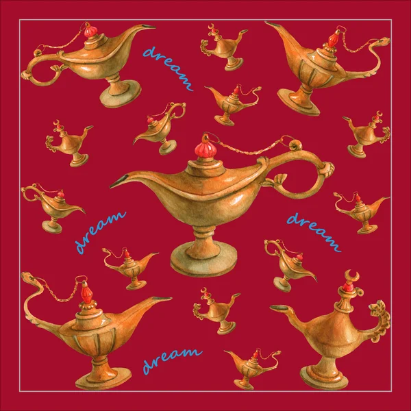 Ручная акварельная иллюстрация волшебной лампы джинна Аладдина из "Арабских ночей". Цветной вишневый фон, дизайн 1 . — стоковое фото