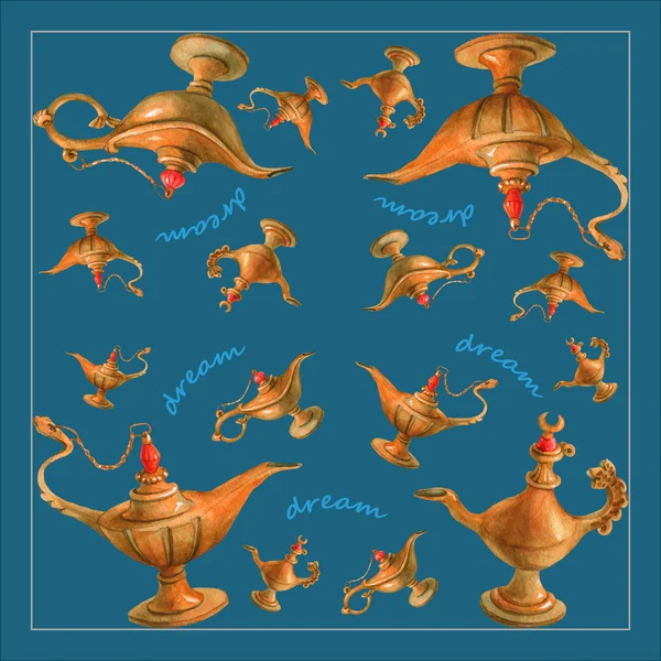 Mão ilustração aquarela da lâmpada génio mágico de Aladdin das noites árabes. Fundo azul-turquesa brilhante, design 2 . — Fotografia de Stock