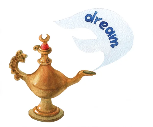 Hand aquarel illustratie van magische Aladdin's genie lamp. Droom 4. — Stockfoto