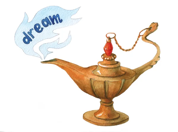 Hand aquarel illustratie van magische Aladdin's genie lamp. Droom 2. — Stockfoto