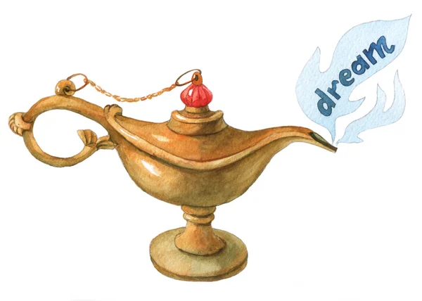 Hand aquarel illustratie van magische Aladdin's genie lamp. Droom 1. — Stockfoto