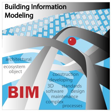 BİM bilgi modelleme inşa ediyor. Nesneler ve simgeler mavi bir arka plan üzerinde. Tasarım 2.