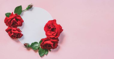 Sevgililer Günü. Kırmızı gül tomurcuklu sınır çerçevesi pembe arka planda dallar oluşturur. Düz yerde, üst tarafta. Çiçek arkaplan. Çiçek çerçevesi. Çiçek çerçevesi.