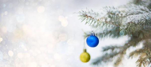 Yellow Blue Christmas Tree Balls Colors Flag Ukraine Toy Snowy — Stock Photo, Image