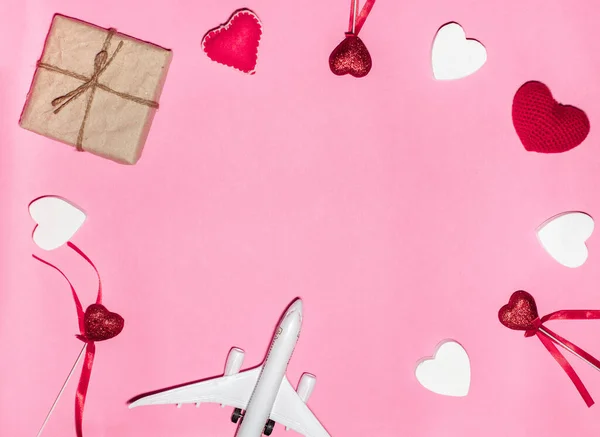 Flat Lay Composition Red White Hearts Passenger Airplane Gift Recycling — Stock Photo, Image