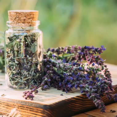 Kortikal mantarlı şeffaf kavanoz ve kuru ot.