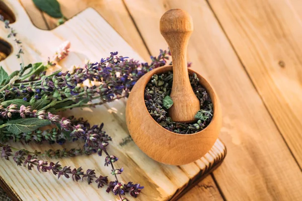 Salvia pratensis , meadow clary or meadow sage purple fresh flowers near mortar with cooked dried herb. Medicinal herbs. self-medication. Collecting herbal plants for medicine and cosmetology. Top view