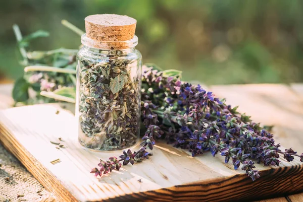 Transparent jar with cortical cork with dry grass meadow sage purple fresh flowers near mortar with cooked dried herb. Medicinal herbs. self-medication. Collecting herbal plants for medicine and cosmetology.