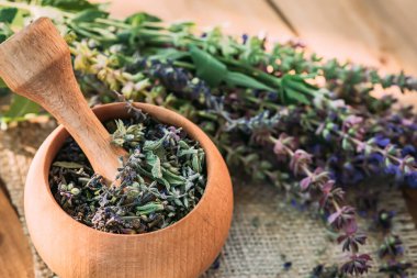 Kurutulmuş sebze soslu havan topu pratensis. Şifalı bitkiler. Kendi kendini tedavi. Üst görünüm.