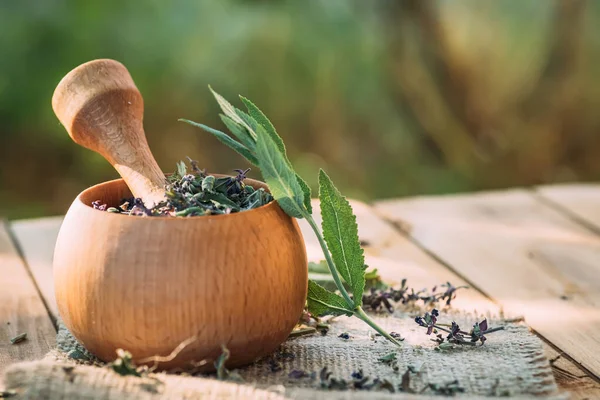 Wooden mortar with cooked dried herb Salvia pratensis. Medicinal herbs. self-medication.