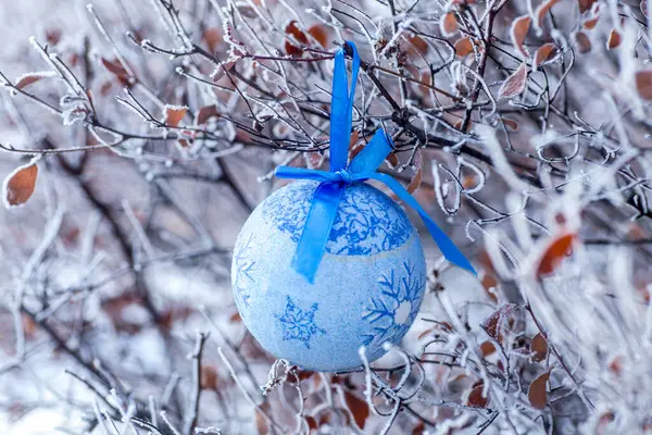 Kerstboom Speelgoed Takken Bedekt Met Vorst Zonnig Ijzig Weer Bereid — Stockfoto