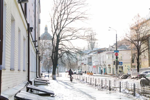 Kyiv Ukraine Street Snowfall Cleared Snow Tracks Ice Sidewalk View — Stock Photo, Image