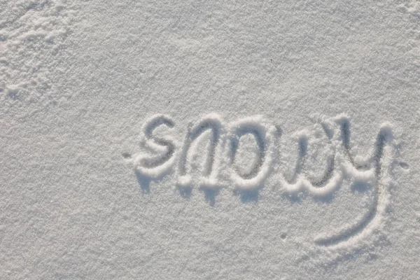 Snow-covered lake. Snow cover. Copy Space. text snowy written with finger