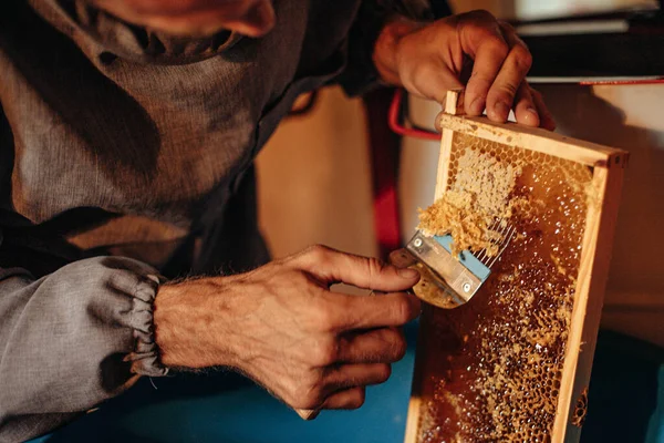 Bir insan bir aletle bal topluyor bal peteğinden. Sahnede balmumu ve bal var. Bu aktivite sıcak ve aydınlık bir yerde gerçekleşiyor..