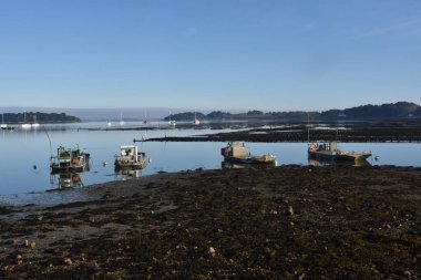 Dalgalar alçaldığında tekne ve yelkenli Fransa 'da Britanya Limanı