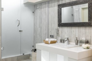 Lavabo ve aynalı modern duş odası.