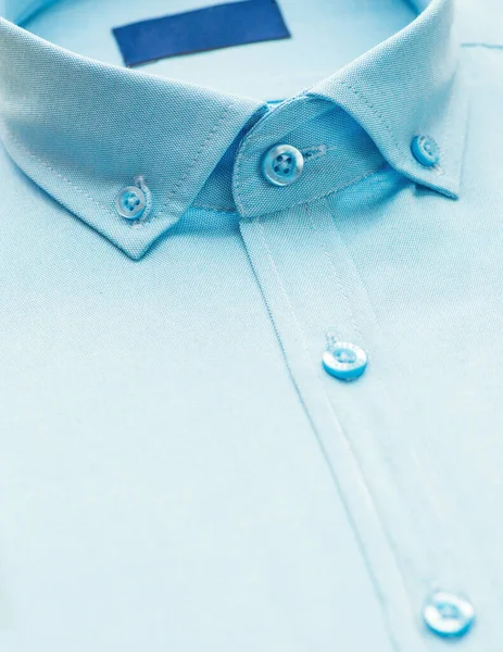 Camisa Azul Com Foco Colarinho Botão Close — Fotografia de Stock